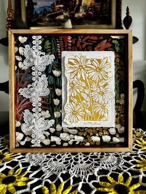 Original Art mixed media collage Daisy linocut Art Framed 12” x 12” handcrafted
